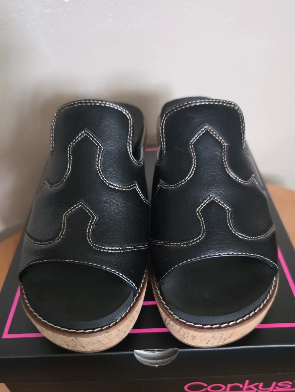 Corkys Neon Moon Black Wedge Slide Sandals